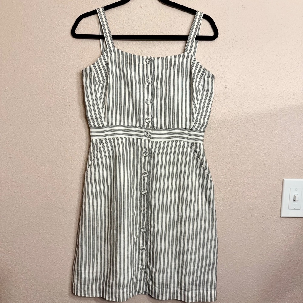 FRAME Striped Button Front Mini Dress Black White Sleeveless Pockets Women's S